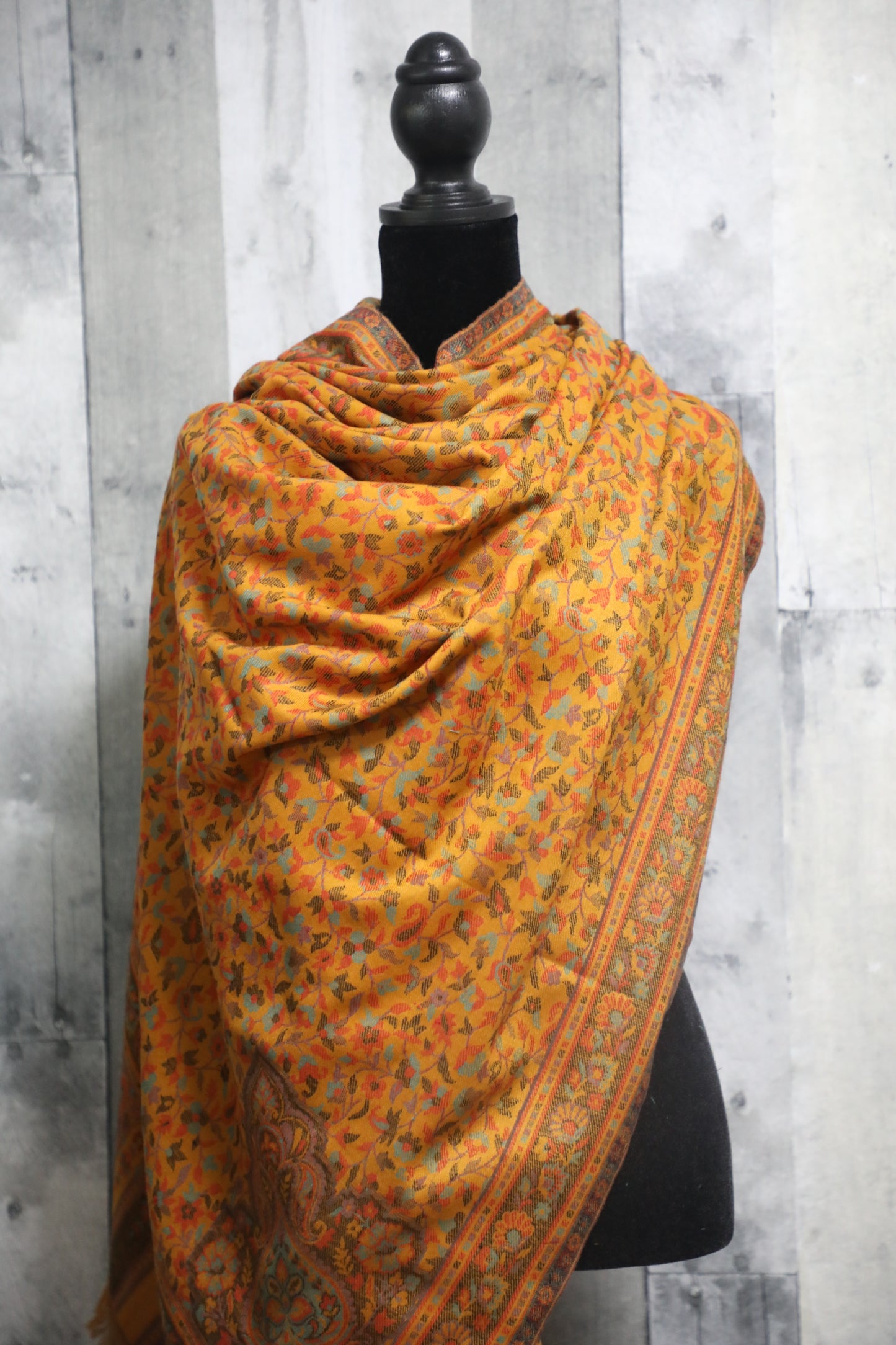 Elegant Pashmina large Golden Yellow shawl with Kani work, Hand made , Floral Mughal design wool, scarf - 40 x 80 inches