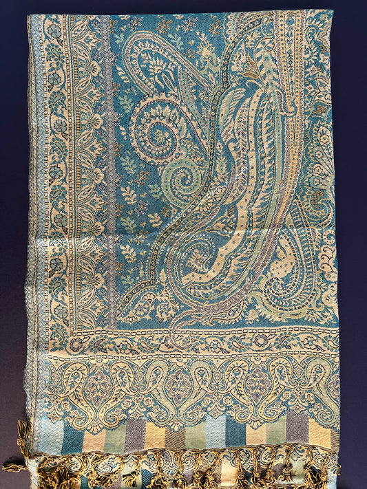 Soft Wool Blend Elegant Paisley Shawl, Scarfs - 26 x 80 inches - Cadet Blue