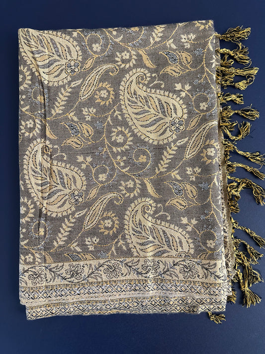 Soft Wool Blend Elegant Paisley Shawl, Scarfs - 26 x 80 inches - Tan