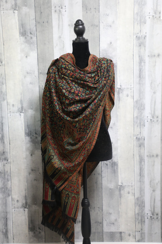 Elegant Pashmina large pitch black multi colored shawl with Kani work, Hand made , Floral Mughal design wool, scarf - 40 x 80 inches