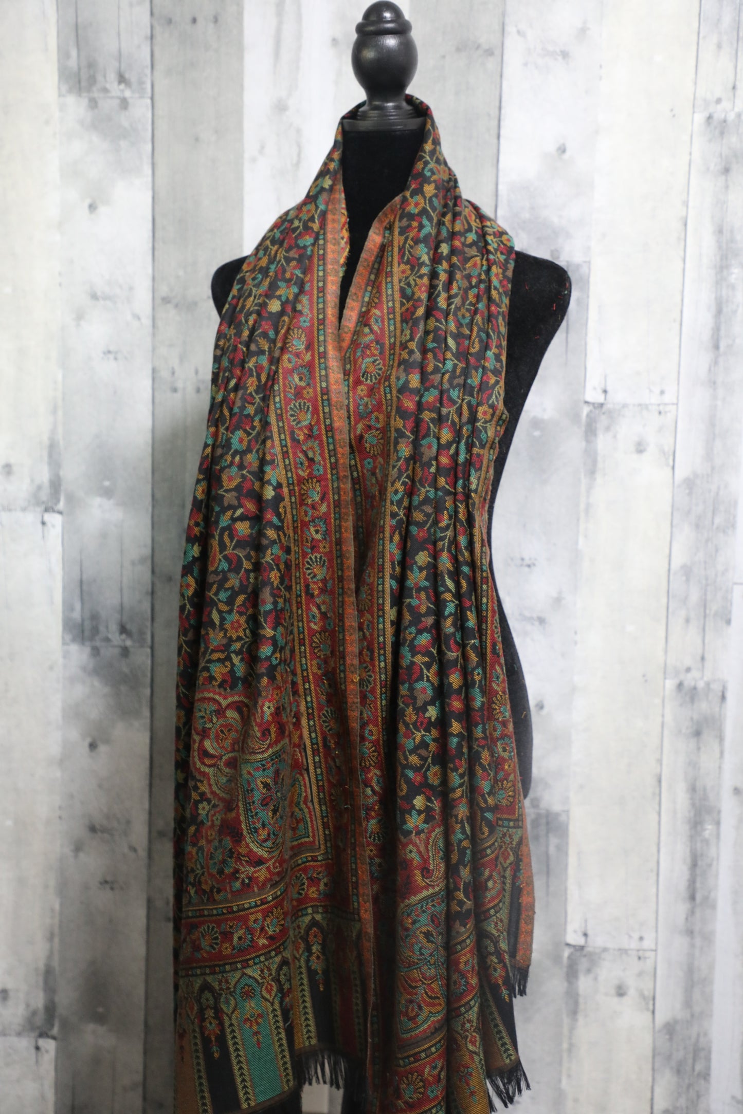 Elegant Pashmina large pitch black multi colored shawl with Kani work, Hand made , Floral Mughal design wool, scarf - 40 x 80 inches