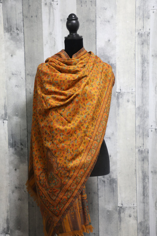 Elegant Pashmina large Golden Yellow shawl with Kani work, Hand made , Floral Mughal design wool, scarf - 40 x 80 inches