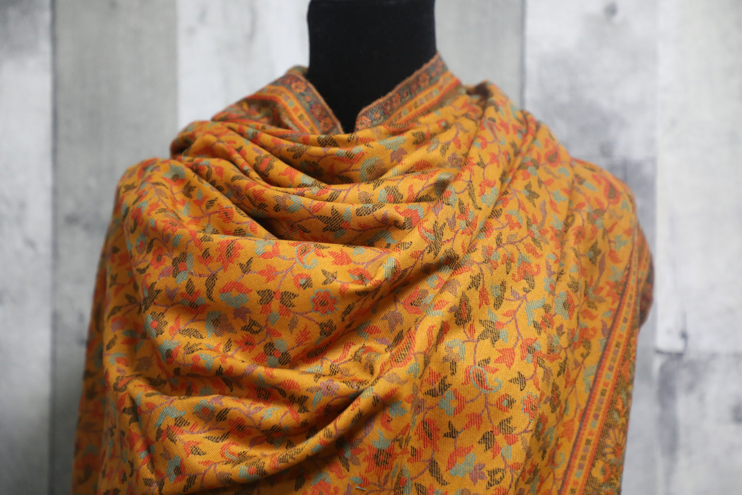 Elegant Pashmina large Golden Yellow shawl with Kani work, Hand made , Floral Mughal design wool, scarf - 40 x 80 inches