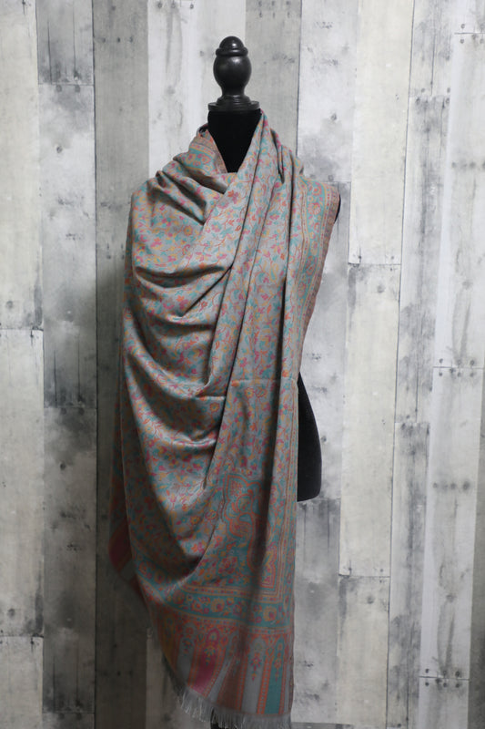 Elegant Pashmina large blue grey multi colored shawl with Kani work, Hand made , Floral Mughal design wool, scarf - 40 x 80 inches