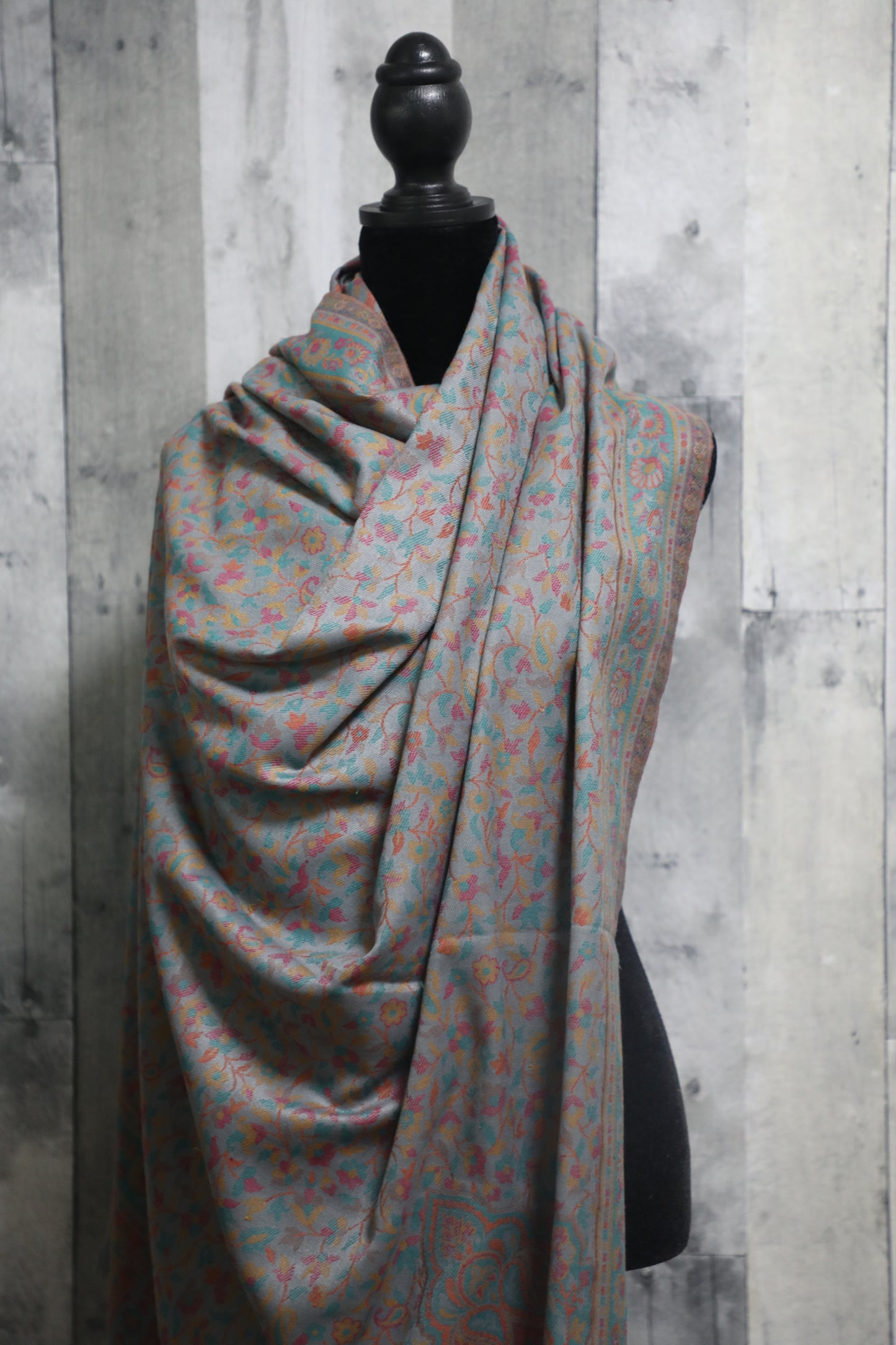 Elegant Pashmina large blue grey multi colored shawl with Kani work, Hand made , Floral Mughal design wool, scarf - 40 x 80 inches