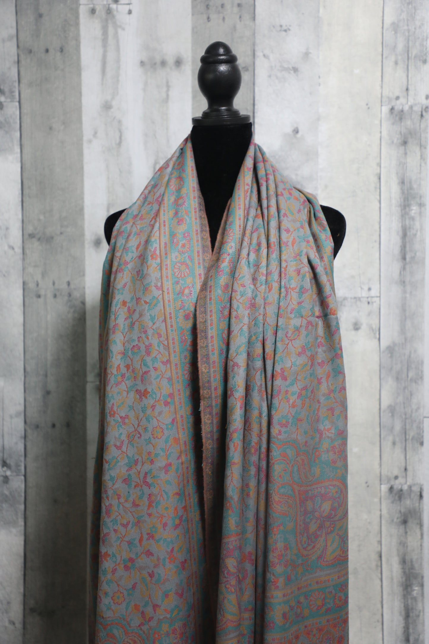 Elegant Pashmina large blue grey multi colored shawl with Kani work, Hand made , Floral Mughal design wool, scarf - 40 x 80 inches