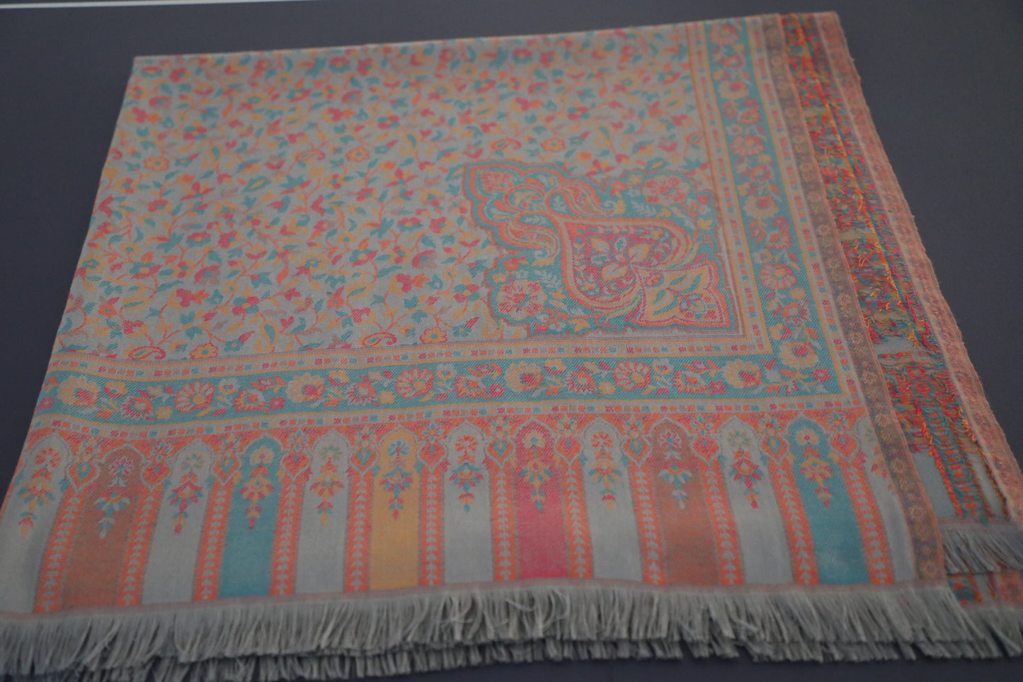 Elegant Pashmina large blue grey multi colored shawl with Kani work, Hand made , Floral Mughal design wool, scarf - 40 x 80 inches