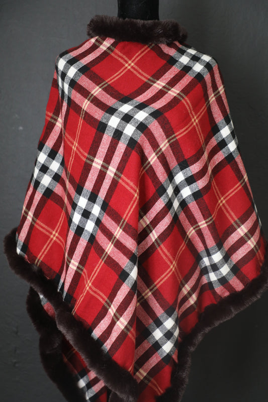 Women's Plaid Poncho , Plush Fur Trimmed Warm, Cozy, Fall/winter wrap