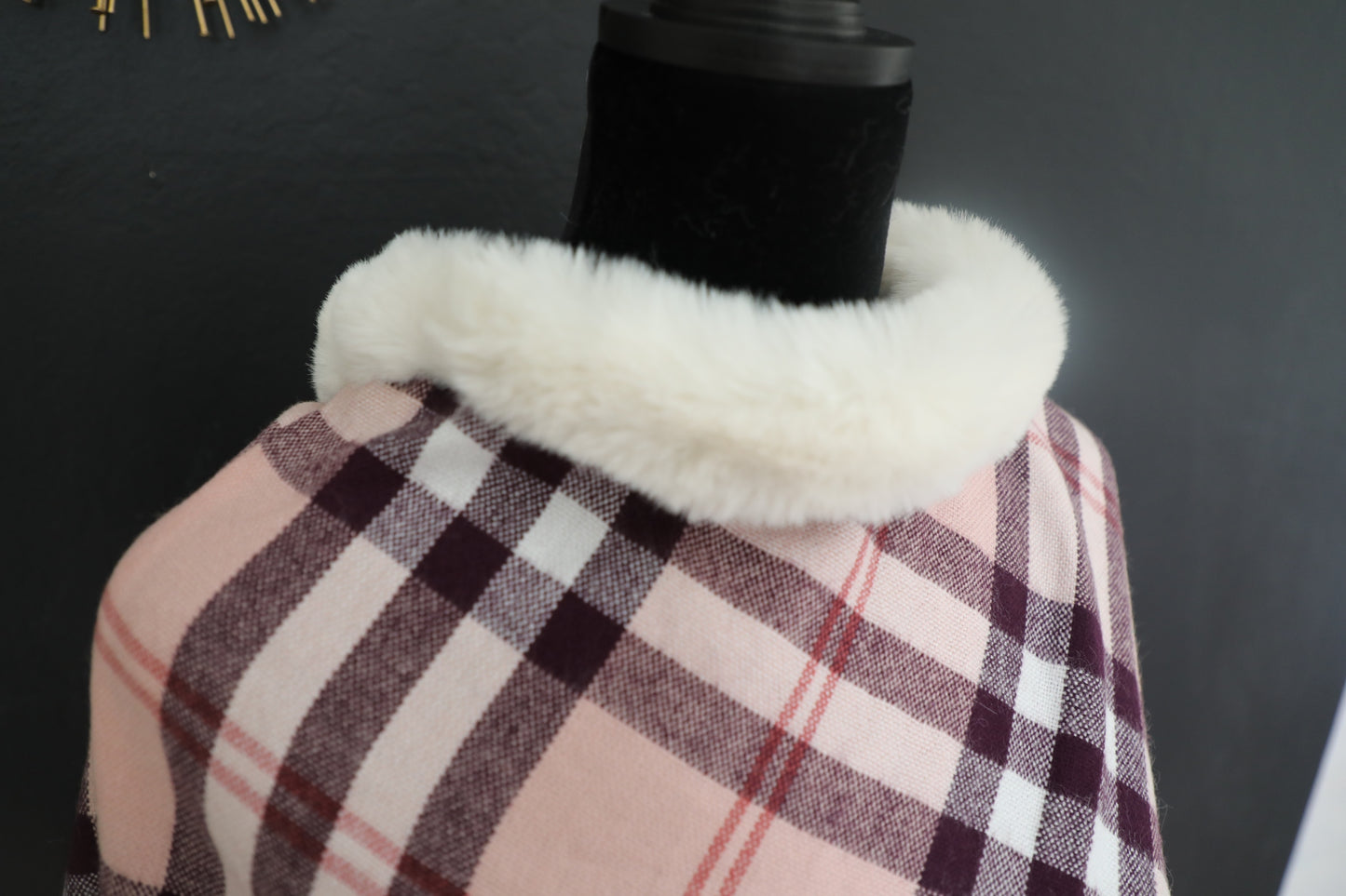 Women's Plaid Poncho , Plush Fur Trimmed Warm, Cozy, Fall/winter wrap